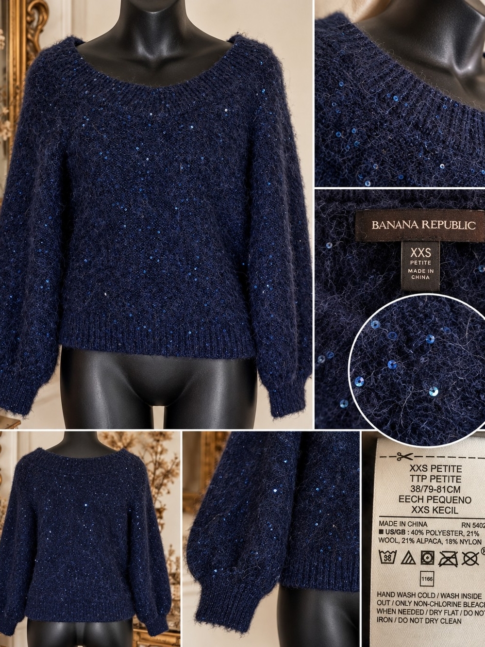 Banana Republic XXS Petite Alpaca Wool Blend Sequin Sweater Navy